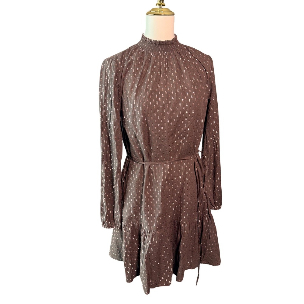 Gap Womens Brown Metallic Clip Dot Smocked High Neck Tiered Mini Dress Small NEW